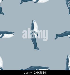 Seamless pattern Blue whale on gray background. Template cartoon character of ocean for fabric. Repeated upright geometrical texture with marine cetac Stock Vector