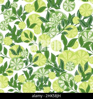 Organic fruits seamless pattern with citrus lime slice elements. Isolated backdrop. Leaves elements. Graphic design for wrapping paper and fabric text Stock Vector