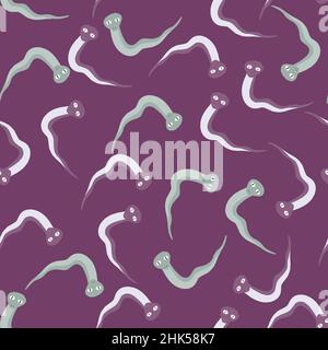 Random reptilian seamless pattern with blue snakes funny ornament. Bright purple background. Stock illustration. Vector design for textile, fabric, gi Stock Vector