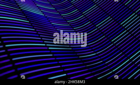 3D abstract curved background with moving neon lines. Animation. Looped background with wave stream of short neon lines on black background. Stock Photo
