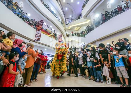 Bogor, Indonesia. 01st Feb, 2022. Performers of a lion dance entertains visitors during the Lunar New Year celebrations at a shopping mall in Bogor Regency, West Java, Indonesia on February 1, 2022. A lion dance are often invited to perform in shopping mall and hotels in many cities to celebrates of Lunar New Year. (Photo by Andi M Ridwan/INA Photo Agency/Sipa USA) Credit: Sipa USA/Alamy Live News Stock Photo