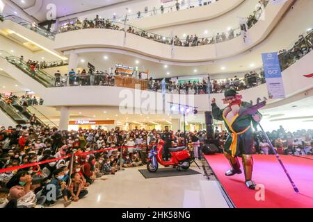 Bogor, Indonesia. 01st Feb, 2022. A group of people use a Chinese traditional cosplay performs on a stage in the first day of the Lunar New Year at a shopping mall in Bogor Regency, West Java, Indonesia on February 1, 2022. (Photo by Andi M Ridwan/INA Photo Agency/Sipa USA) Credit: Sipa USA/Alamy Live News Stock Photo