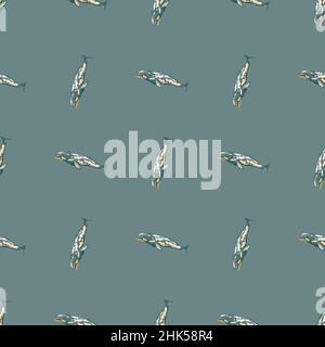 Seamless pattern with gray whale on green background.Template of cartoon character ocean for fabric.Repeated geometric upright texture with marine cet Stock Vector