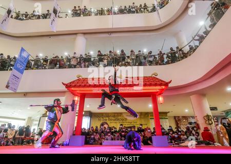 Bogor, Indonesia. 01st Feb, 2022. A group of people use a Chinese traditional cosplay performs on a stage in the first day of the Lunar New Year at a shopping mall in Bogor Regency, West Java, Indonesia on February 1, 2022. (Photo by Andi M Ridwan/INA Photo Agency/Sipa USA) Credit: Sipa USA/Alamy Live News Stock Photo