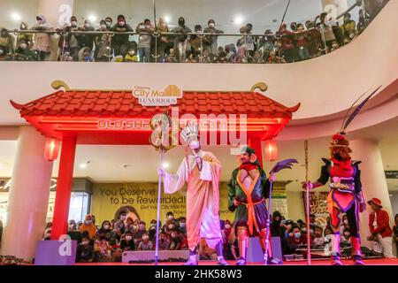 Bogor, Indonesia. 01st Feb, 2022. A group of people use a Chinese traditional cosplay performs on a stage in the first day of the Lunar New Year at a shopping mall in Bogor Regency, West Java, Indonesia on February 1, 2022. (Photo by Andi M Ridwan/INA Photo Agency/Sipa USA) Credit: Sipa USA/Alamy Live News Stock Photo