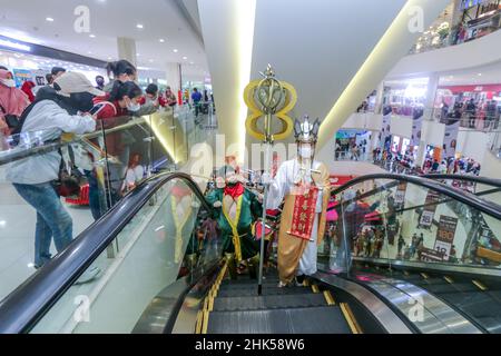 Bogor, Indonesia. 01st Feb, 2022. A group of people perform a Chinese traditional cosplay such Monks Tong Sam Chong, Sun Go Kong, Cu Pat Kay, God Er Lang during parade in the first day of the Lunar New Year at a shopping mall in Bogor Regency, West Java, Indonesia on February 1, 2022. (Photo by Andi M Ridwan/INA Photo Agency/Sipa USA) Credit: Sipa USA/Alamy Live News Stock Photo