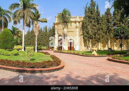 Cairo - Egypt - October 4, 2020: Presidency museum entrance with alley in the inner courtyard with old cannons. Facade of Abdeen Royal Palace, located Stock Photo