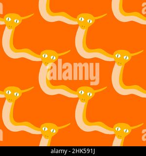 Bright tones seamless pattern with abstract animal yellow snakes shapes. Orange background. Doodle print. Stock illustration. Vector design for textil Stock Vector
