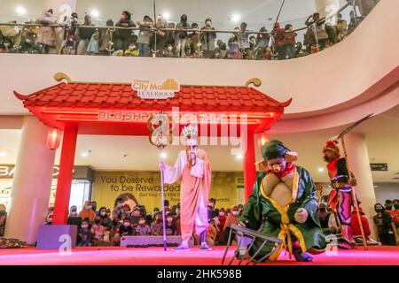 Bogor, Indonesia. 01st Feb, 2022. A group of people use a Chinese traditional cosplay performs on a stage in the first day of the Lunar New Year at a shopping mall in Bogor Regency, West Java, Indonesia on February 1, 2022. (Photo by Andi M Ridwan/INA Photo Agency/Sipa USA) Credit: Sipa USA/Alamy Live News Stock Photo