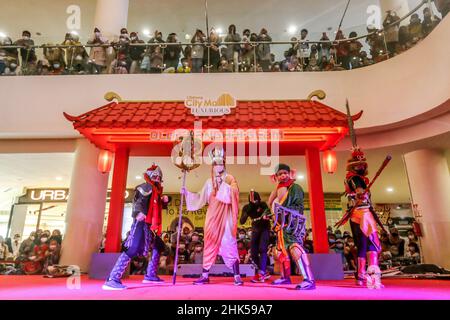 Bogor, Indonesia. 01st Feb, 2022. A group of people use a Chinese traditional cosplay performs on a stage in the first day of the Lunar New Year at a shopping mall in Bogor Regency, West Java, Indonesia on February 1, 2022. (Photo by Andi M Ridwan/INA Photo Agency/Sipa USA) Credit: Sipa USA/Alamy Live News Stock Photo