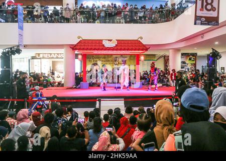 Bogor, Indonesia. 01st Feb, 2022. A group of people use a Chinese traditional cosplay performs on a stage in the first day of the Lunar New Year at a shopping mall in Bogor Regency, West Java, Indonesia on February 1, 2022. (Photo by Andi M Ridwan/INA Photo Agency/Sipa USA) Credit: Sipa USA/Alamy Live News Stock Photo