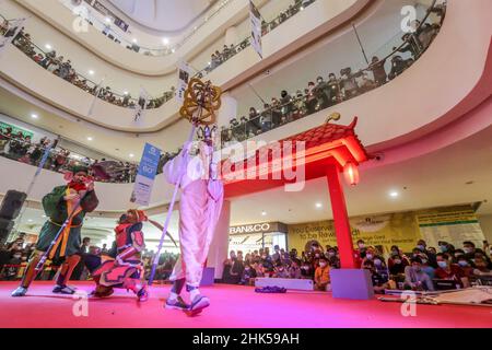 Bogor, Indonesia. 01st Feb, 2022. A group of people use a Chinese traditional cosplay performs on a stage in the first day of the Lunar New Year at a shopping mall in Bogor Regency, West Java, Indonesia on February 1, 2022. (Photo by Andi M Ridwan/INA Photo Agency/Sipa USA) Credit: Sipa USA/Alamy Live News Stock Photo