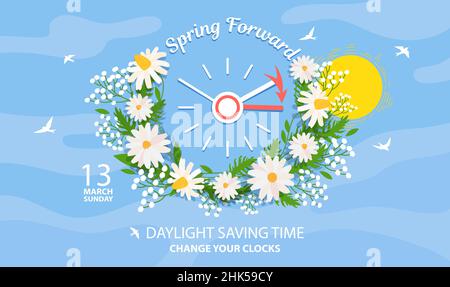 Spring Forward. Daylight Saving Time Banner Reminder - Spring Time Change with date 13 march, sunday. Stock Vector