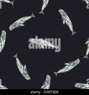 Seamless pattern with gray whale on black background. Template of cartoon character of ocean for fabric.Repeated random texture with marine cetacean.D Stock Vector