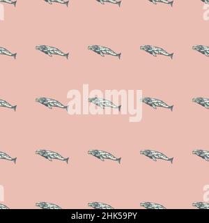 Seamless pattern with gray whale on pink background. Template of cartoon character of ocean for fabric.Repeated geometric texture with marine cetacean Stock Vector