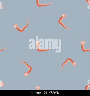Random minimalistic reptilian seamless pattern with pink doodle snakes shapes. Blue pastel background. Stock illustration. Vector design for textile, Stock Vector