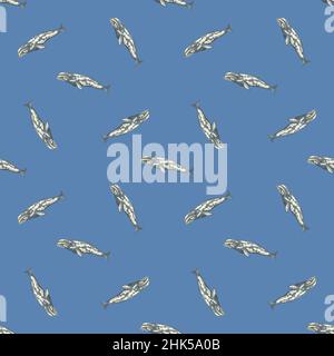 Seamless pattern with gray whale on light blue background. Template of cartoon character of ocean for fabric.Repeated random texture with marine cetac Stock Vector