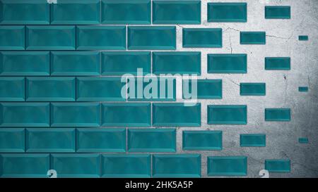 Abstract blue rectangles building a wall on grey background, motion design. Flying bricks stand in horizontal straight rows. Stock Photo