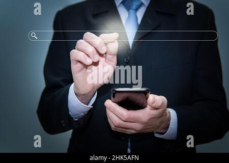 Businessman hand touching blank search bar, business and technology concept, search engine optimizat Stock Photo
