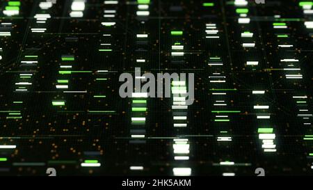 Code processing in circuit board, abstract server. Data moves in the form of rows of glowing rectangles inside a server or computer, seamless loop. Stock Photo