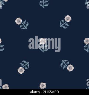 Minimalistic style vintage seamless pattern with doodle sunflower elements. Dark navy blue background. Graphic design for wrapping paper and fabric te Stock Vector
