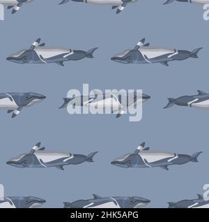 Seamless pattern lesser rorqual on gray background. Template of cartoon character of ocean for fabric. Repeated inverted texture with marine cetacean. Stock Vector