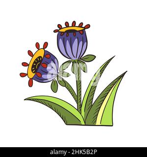 Bluebell folklore isolated on white background. Ethnic colorful spring flower. Beautiful summer plant in traditional style. Design for any purpose. Ve Stock Vector