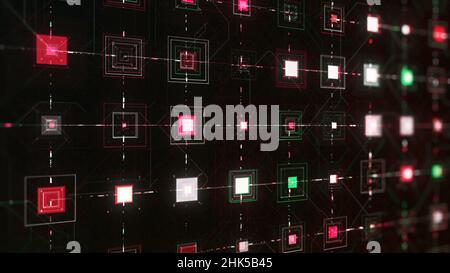 Abstract digital screen with many buttons, complex dashboard of a computer. Square shaped buttons moving on black background, seamless loop. Stock Photo