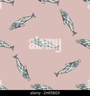Seamless pattern with gray whale on pink background. Template of cartoon character of ocean for fabric.Repeated random texture with marine cetacean.De Stock Vector