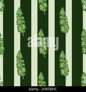 Green tropic banana leaves silhouettes seamless pattern. Grey and black striped background. Graphic design for wrapping paper and fabric textures. Vec Stock Vector