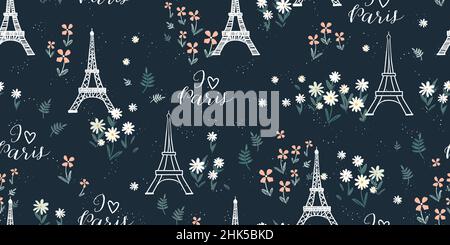 Romantic hand drawn Eiffel Tower seamless pattern, great Valentine's Day background with flowers, great for textiles, banners, wallpapers, wrapping - Stock Vector