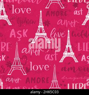 Romantic hand drawn Eiffel Tower seamless pattern, great Valentine's Day background with the word 'love' in different languages, great for textiles, b Stock Vector