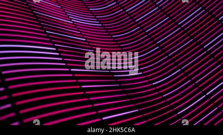 3D abstract curved background with moving neon lines. Animation. Looped background with wave stream of short neon lines on black background. Stock Photo