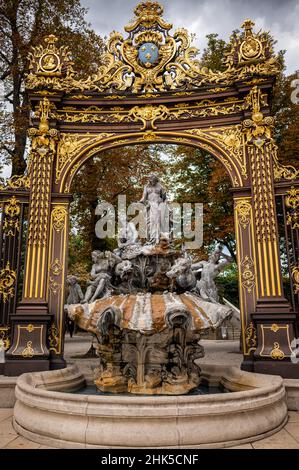 Old fountain on Place Stanislas in Nancy (France), cloudy day in summer Stock Photo