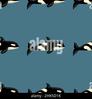 Seamless pattern Orca on blue - green background. Template of cartoon character of ocean for children. Repeated geometrical texture with marine cetace Stock Vector