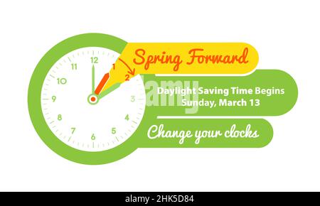 Daylight Saving Time Begins concept. Web Banner Reminder with date of Spring Forward Time Sunday, March 13, 2022. Vector Illustration with instruction Stock Vector