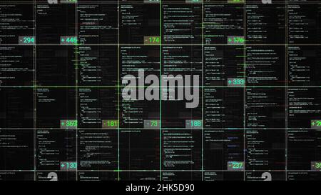 Programming blocks of code on black background, seamless loop. Abstract computer script, programming code as technology background. Stock Photo