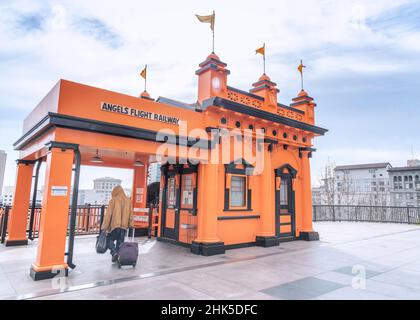 Los Angeles, CA, USA - January 31, 2022 - Historic Angels Flight funicular railway in the Bunker Hill district of downtown Los Angeles, CA. Stock Photo