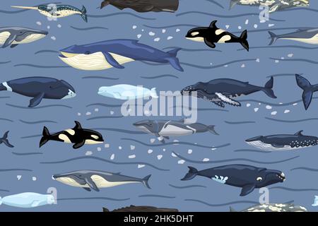 Seamless pattern whales on blue with waves and smudge background. Print of cartoon characters of ocean in Scandinavian style for children. Repeated te Stock Vector