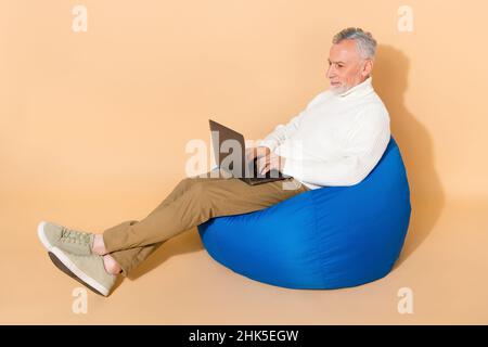 Portrait of handsome trendy focused skilled man using laptop writing email isolated on beige pastel color background Stock Photo