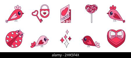 Retro Valentine Day set of icons. Love symbols in the fashionable pop line art style. The figure of heart, rainbow, lock, balloon in soft pink, red an Stock Vector