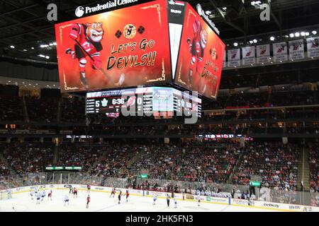 New Jersey, USA. 1st Feb, 2022. Photo taken on Feb. 1, 2022 shows a scoreboard illuminated with elements of the Chinese Lunar New Year during an ice hockey match of the National Hockey League (NHL) in New Jersey, the United States. TO GO WITH 'The New Jersey Devils celebrates Chinese Lunar New Year in NHL match' Credit: Liu Yanan/Xinhua/Alamy Live News Stock Photo