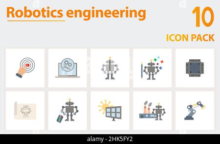 Robotics Engineering icon set. Collection of simple elements such as the 3d sensor, repair process, robotics crawler, robot design, industrial robots Stock Vector