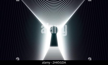 Abstract animation of neon keyhole icon forming the tunnel on black background. Concept of access Stock Photo