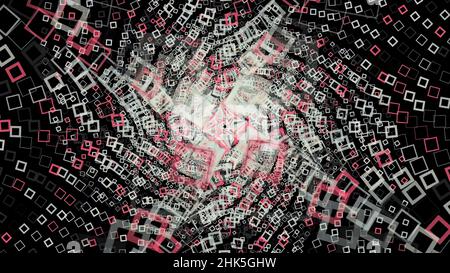 Abstract moving geometric shapes. Beautiful abstract futuristic vortex of neon rectangles rotating on the black background. Stock Photo