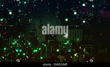 Abstract dark circuit board with many details and moving elements, seamless loop. Motion. Technological background and the visualization of data proce Stock Photo