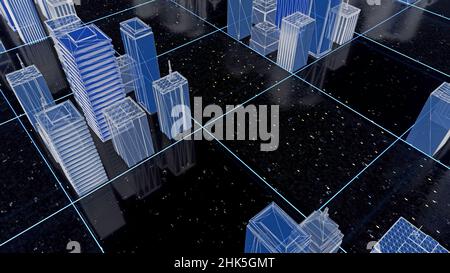 Bright beautiful neon wireframe of abstract digital city center with skyscrapers on black background. Animation. Digital technology and business conce Stock Photo