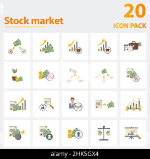 Stock Market icon set. Collection of simple elements such as the arbitrage, assets, bear market, dividend, diversification, growth stock, bull market. Stock Vector