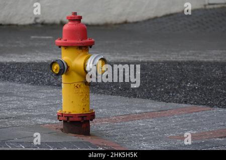 A traditional red and yellow fire hydrant in the street in Reykjavík Iceland Stock Photo