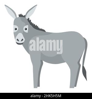 Cute donkey isolated on white background. Funny cartoon character farm gray color. Flat animal for any purposes design. Vector illustration. Stock Vector